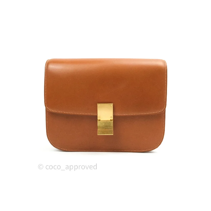 Celine Box Brown Tan Calfskin Leather Medium Classic Gold Hardware