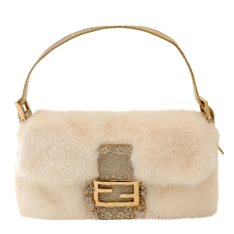 Fendi White Mink Ombre Lizard Baguette w/ Gold Hardware & Crystals