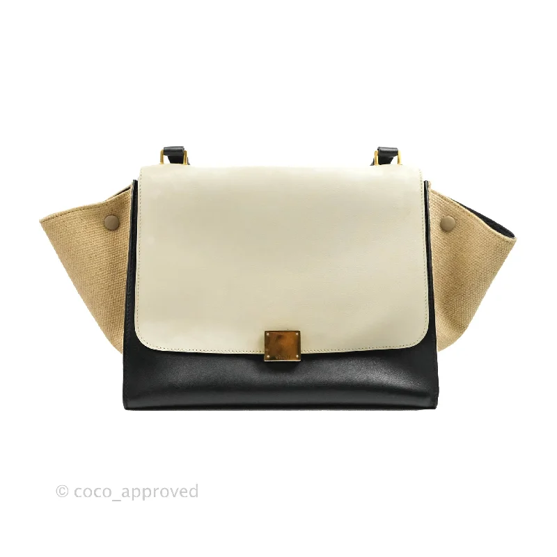 Celine Small Sleek Calfskin Tri-Color Trapeze Ivory Black Raffia