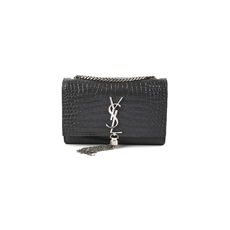 Saint Laurent Small Kate Crocodile Embossed Dark Grey